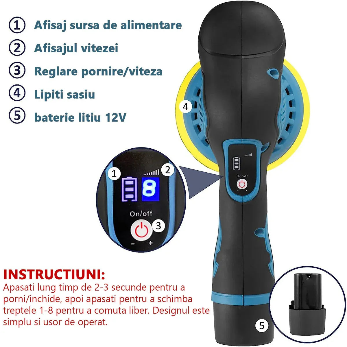 Aparat polish auto fără fir, 2 acumulatori 12V, 8 viteze, 2500–5000 RPM, accesorii lustruire incluse