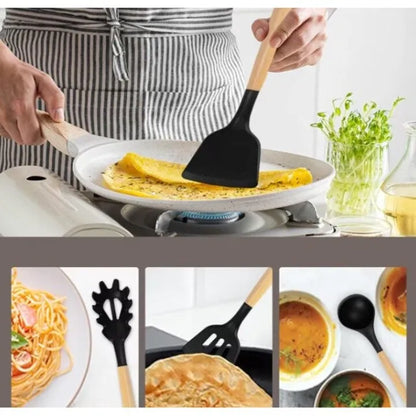Set ustensile bucătărie 19 piese, silicon și inox, cu 5 cuțite, tocător, foarfecă și suport