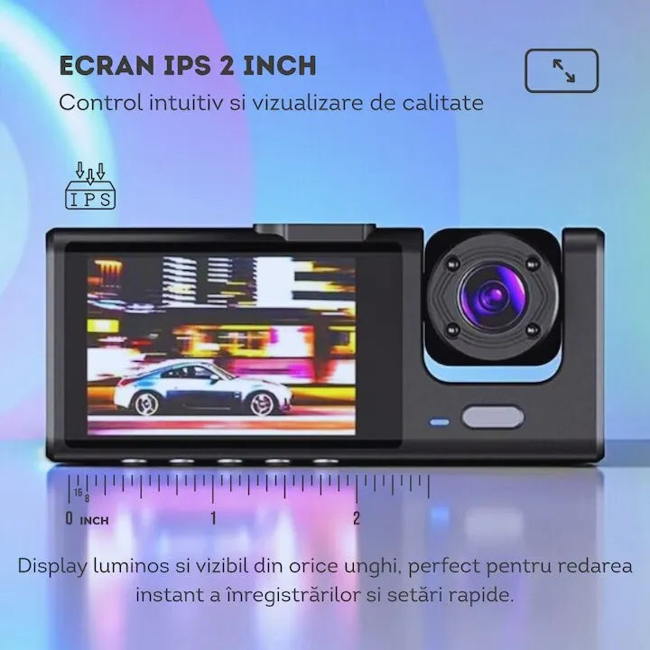 Cameră auto DVR triplă, Full HD 1080P, 3 camere față/spate/interior, unghi 170° și night vision