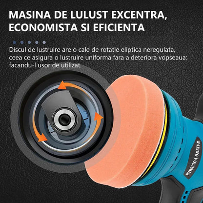 Aparat polish auto fără fir, 2 acumulatori 12V, 8 viteze, 2500–5000 RPM, accesorii lustruire incluse