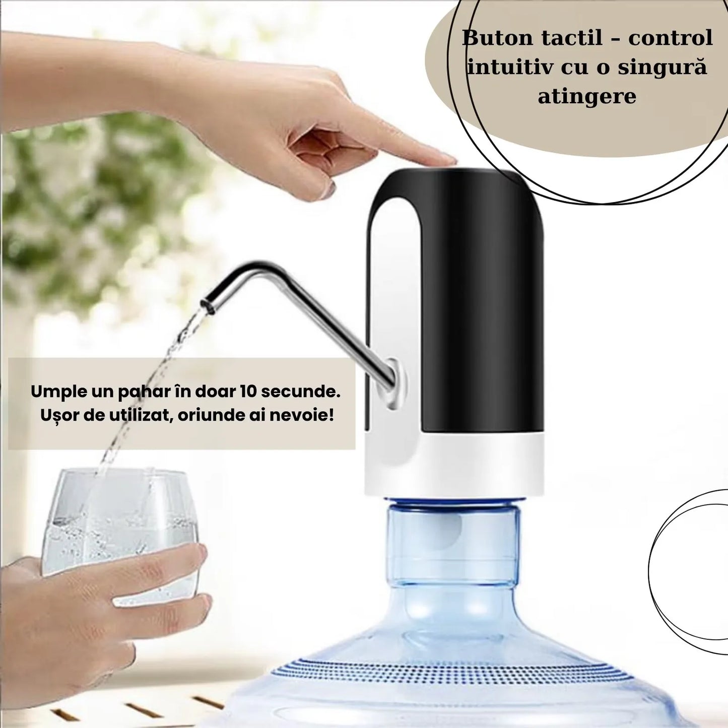 Pompă electrică pentru apă, dozator portabil pentru bidon 5–20L, USB, baterie 1200mAh, tub inox