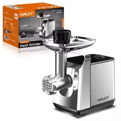 Mașină de tocat carne 3000W, HALEY, capacitate 3 kg/min, motor din cupru, 3 site și accesoriu cârnați, argintie