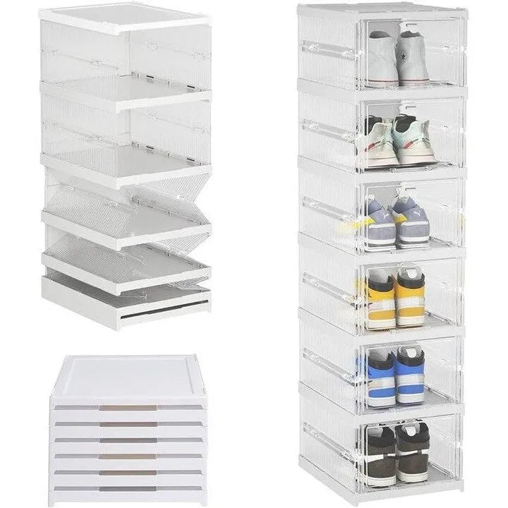 Organizator pantofi 6 nivele, cu 6 sertare rabatabile, plastic transparent ventilat, 105 cm, alb/gri