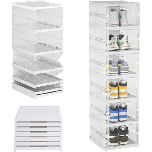 Organizator pantofi 6 nivele, cu 6 sertare rabatabile, plastic transparent ventilat, 105 cm, alb/gri