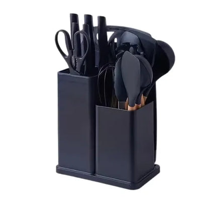 Set ustensile bucătărie 19 piese, silicon și inox, cu 5 cuțite, tocător, foarfecă și suport