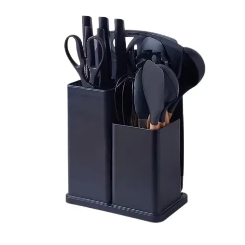 Set ustensile bucătărie 19 piese, silicon și inox, cu 5 cuțite, tocător, foarfecă și suport