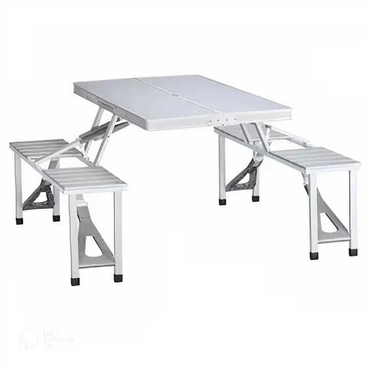 Set masă și 4 scaune pliabile pentru camping, picnic și grădină, aluminiu/PVC, tip geamantan, argintiu