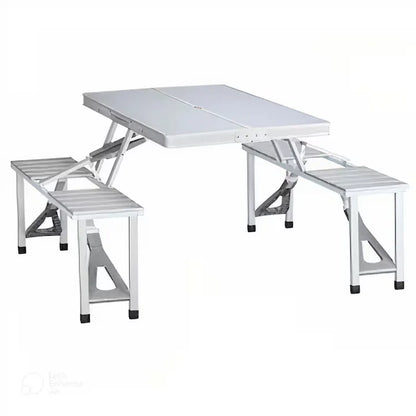 Set masă și 4 scaune pliabile pentru camping, picnic și grădină, aluminiu/PVC, tip geamantan, argintiu