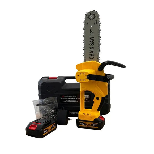 Drujbă electrică cu lanț 12” (30 cm), 2 acumulatori 48V 5000mAh, 2 lanțuri și încărcător inclus