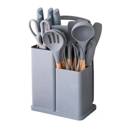 Set ustensile bucătărie 19 piese, silicon și inox, cu 5 cuțite, tocător, foarfecă și suport