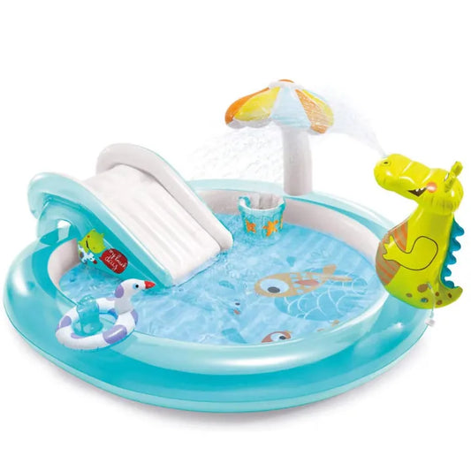 Piscină gonflabilă INTEX pentru copii, centru de joacă crocodil, cu tobogan, parasolar și pulverizare apă