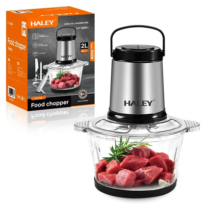 Tocător electric HALEY, bol din sticlă 2L, 500W, 4 lame din inox, pentru carne, legume, fructe și nuci