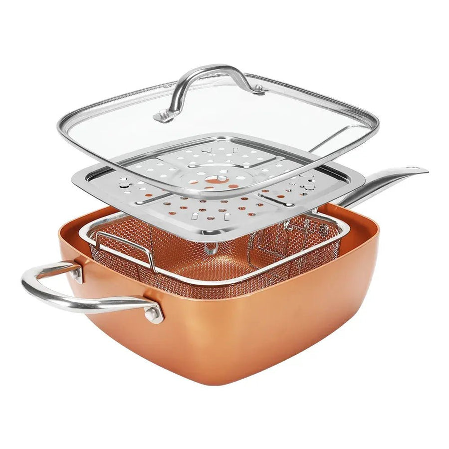 Tigaie pătrată MIGAS Copper Chef, cu sită și capac din sticlă, înveliș antiaderent, compatibilă cu plită și cuptor