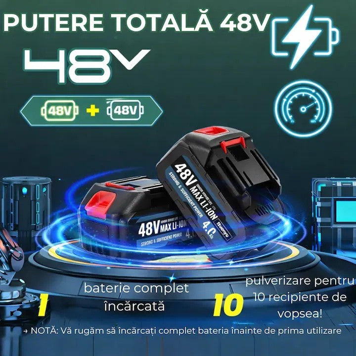 Pistol electric de vopsit cu acumulator 48V, 2 baterii, rezervor 1000 ml, debit reglabil, 1200 ml/min
