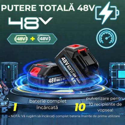 Pistol electric de vopsit cu acumulator 48V, 2 baterii, rezervor 1000 ml, debit reglabil, 1200 ml/min