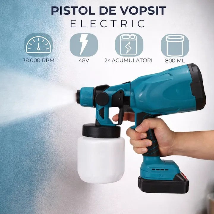 Pistol electric de vopsit cu acumulator 48V, 2 baterii, rezervor 1000 ml, debit reglabil, 1200 ml/min