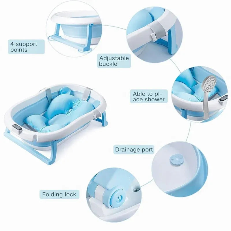 Cădiță pliabilă pentru bebeluși, cu pernuță suport, picioare antiderapante, dop scurgere,