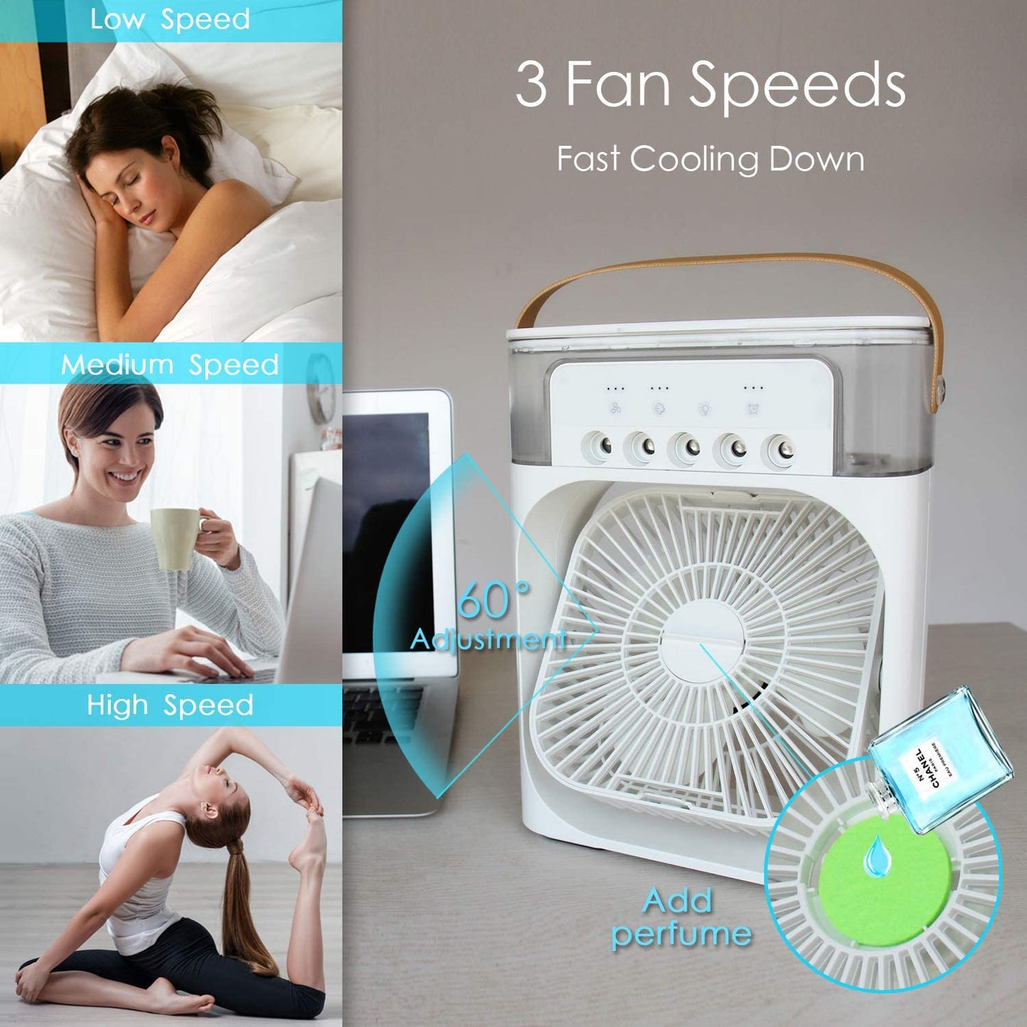 Ventilator portabil cu umidificator, lumina LED