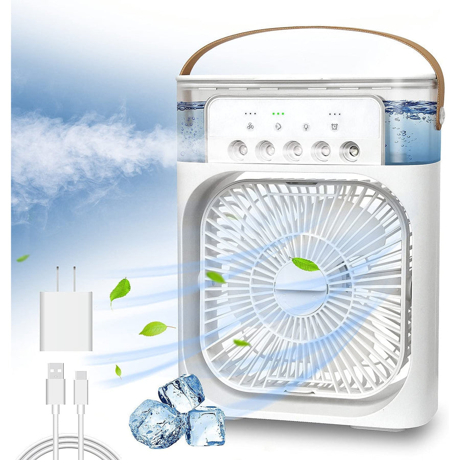 Ventilator portabil cu umidificator, lumină LED 7 culori, 3 viteze, temporizator și alimentare USB
