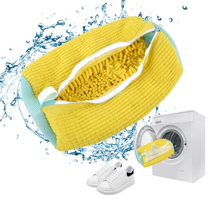 Sac pentru spălat încălțăminte, reutilizabil, 39 x 19 cm, cu fermoar și interior chenille, galben