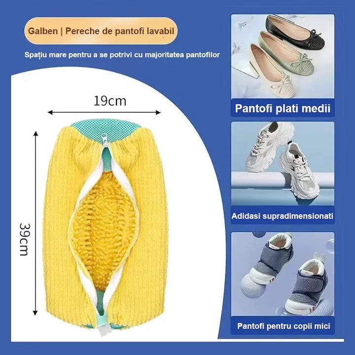 Sac pentru spălat încălțăminte, reutilizabil, 39 x 19 cm, cu fermoar și interior chenille, galben