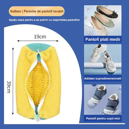 Sac pentru spălat încălțăminte, reutilizabil, 39 x 19 cm, cu fermoar și interior chenille, galben