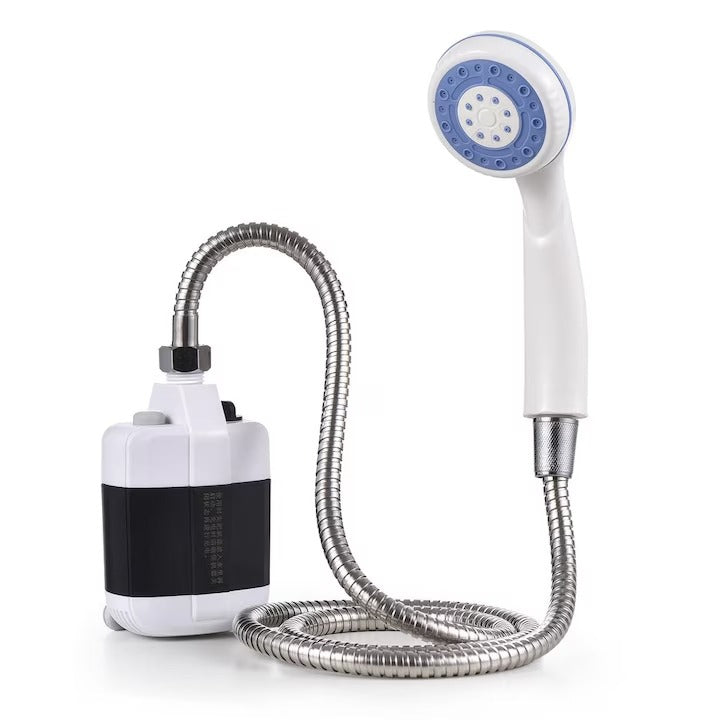 Duș portabil camping cu pompă electrică USB, baterie 2200 mAh, furtun 1.5 m, alb