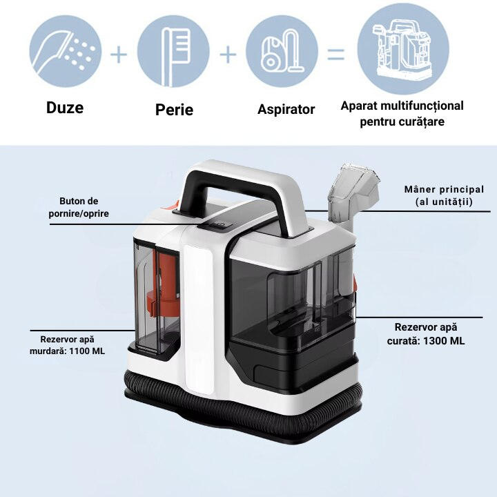 Aspirator cu spălare prin injecție-extracție HALEY, 1000W, 2 rezervoare, pentru covoare, tapițerii și interior auto