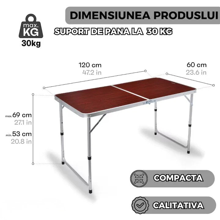 Masă pliabilă camping, blat MDF 120x60 cm, cadru aluminiu, reglabilă pe înălțime, tip valiză