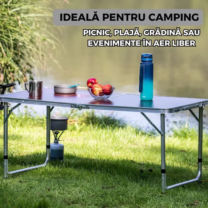 Masă pliabilă camping, blat MDF 120x60 cm, cadru aluminiu, reglabilă pe înălțime, tip valiză