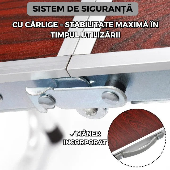 Masă pliabilă camping, blat MDF 120x60 cm, cadru aluminiu, reglabilă pe înălțime, tip valiză