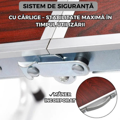 Masă pliabilă camping, blat MDF 120x60 cm, cadru aluminiu, reglabilă pe înălțime, tip valiză