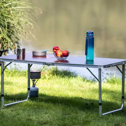 Masă pliabilă camping, blat MDF 120x60 cm, cadru aluminiu, reglabilă pe înălțime, tip valiză