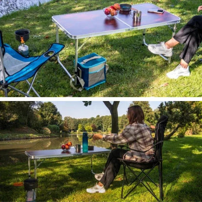 Masă pliabilă camping, blat MDF 120x60 cm, cadru aluminiu, reglabilă pe înălțime, tip valiză