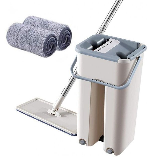 Set găleată cu storcător și mop plat, 2 cuve pentru spălare și uscare, rotație 360° și 2 rezerve incluse