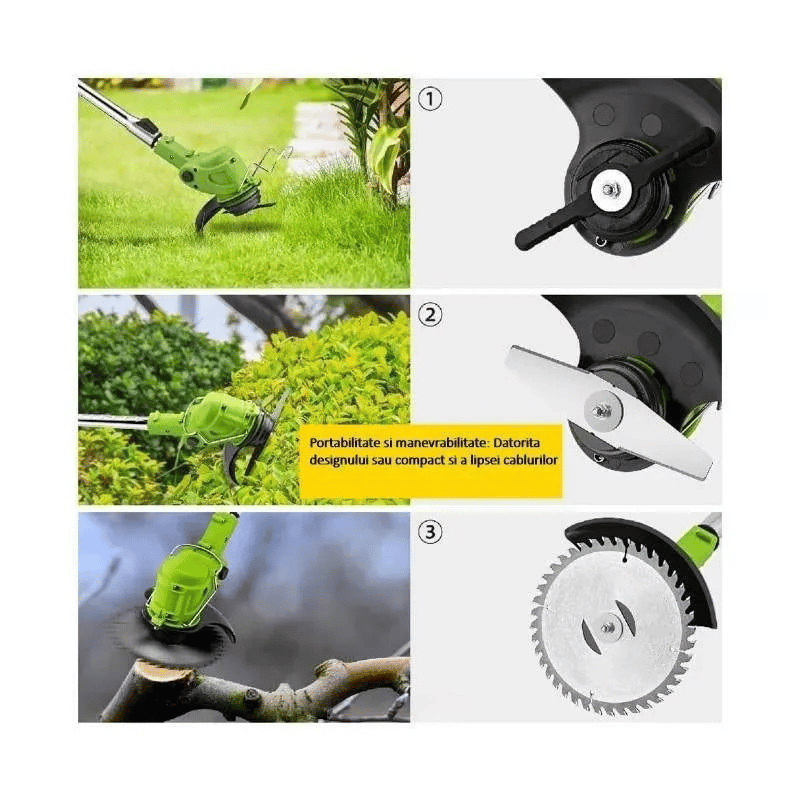 Motocoasă electrică 48V, 2 acumulatori 4000mAh, 18000 RPM, lame și disc incluse