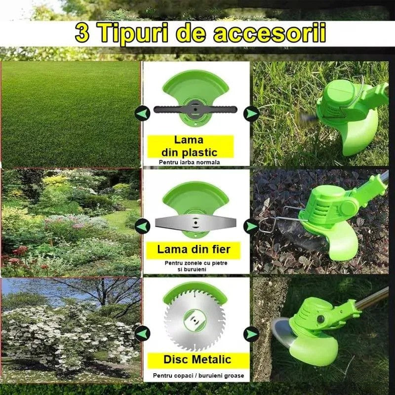 Motocoasă electrică 48V, 2 acumulatori 4000mAh, 18000 RPM, lame și disc incluse