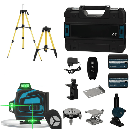 Kit nivelă laser 4D, linii verzi 4x360°, autonivelare, telecomandă, 2 baterii, trepied și servietă