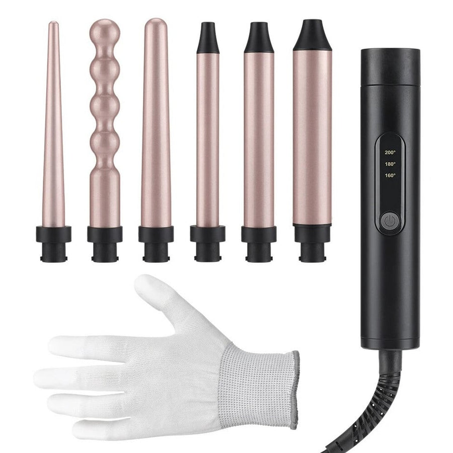 Set ondulator profesional 6 în 1, ceramic ionic cu turmalină, temperatură reglabilă 160–200°C și oprire automată