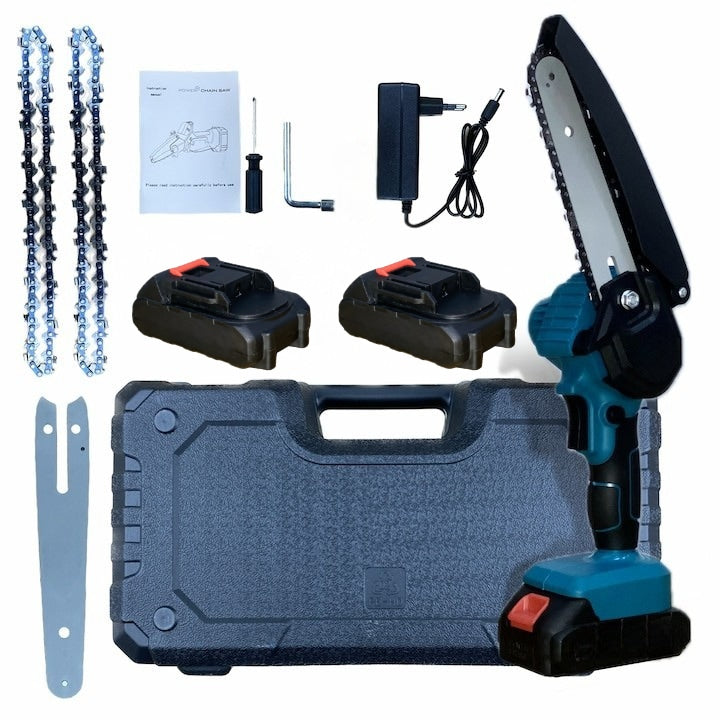 Mini drujbă electrică 24V, 2 acumulatori, lamă 15 cm, 2 lanțuri, portabilă