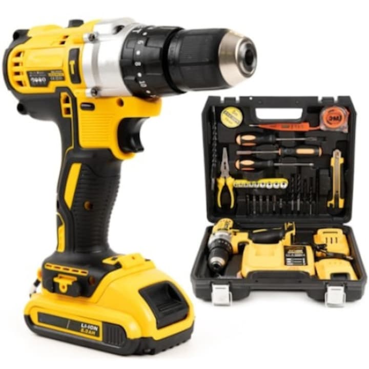 Mașină de găurit și înșurubat cu acumulator 24V, 2 acumulatori, 30 accesorii, trusă transport, negru/galben