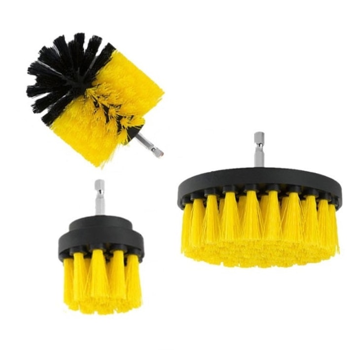 Set 3 perii rotative pentru bormașină, adaptor inclus, diferite mărimi, pentru curățare baie, bucătărie și auto