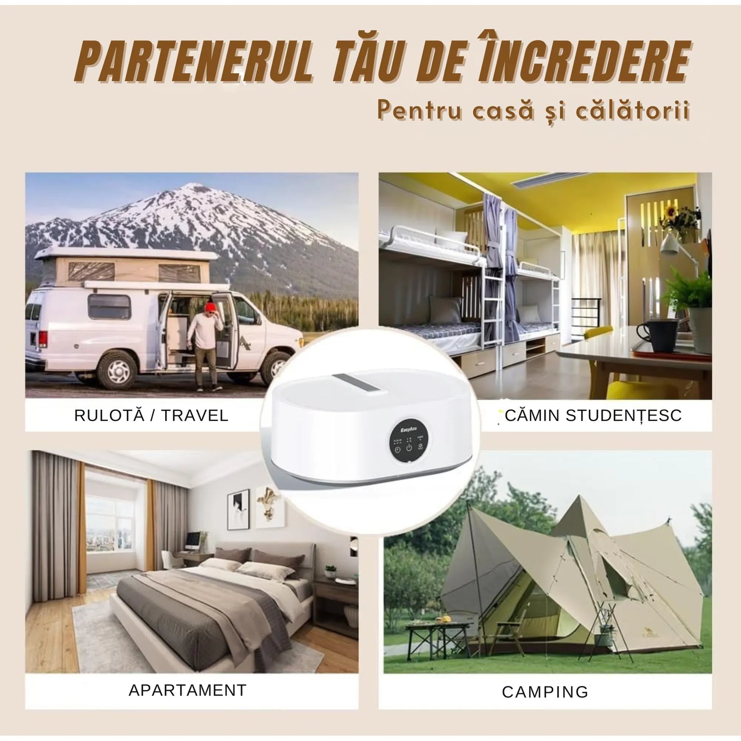 Uscător electric de haine și rufe, 600W, pliabil și portabil, capacitate 10 kg, temporizator 1–8h, funcție UV, bej