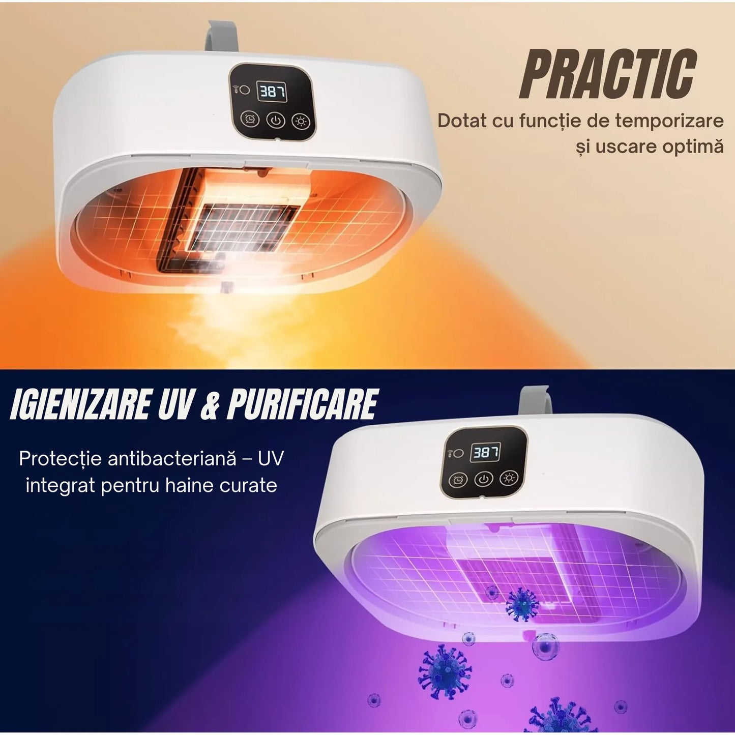 Uscător electric de haine și rufe, 600W, pliabil și portabil, capacitate 10 kg, temporizator 1–8h, funcție UV, bej