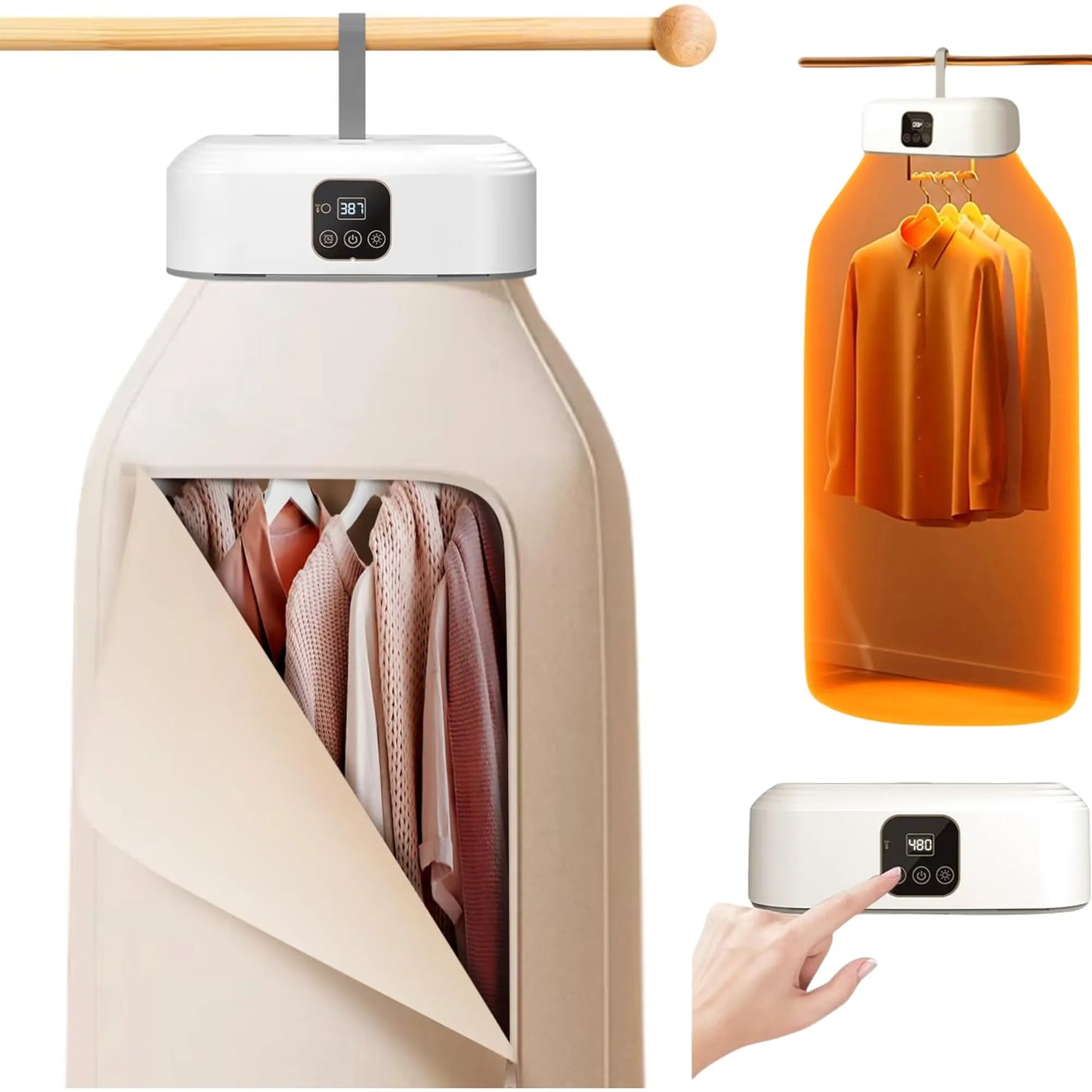 Uscător electric de haine și rufe, 600W, pliabil și portabil, capacitate 10 kg, temporizator 1–8h, funcție UV, bej