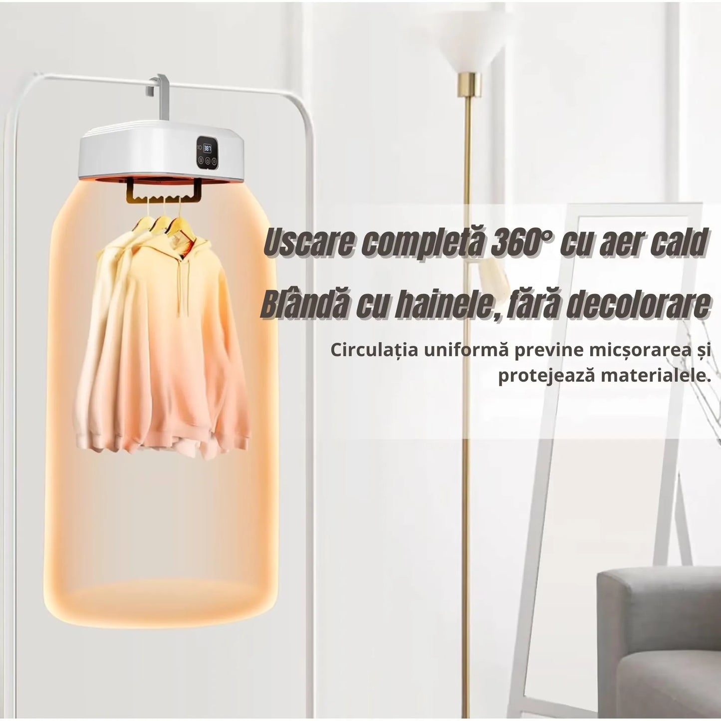 Uscător electric de haine și rufe, 600W, pliabil și portabil, capacitate 10 kg, temporizator 1–8h, funcție UV, bej