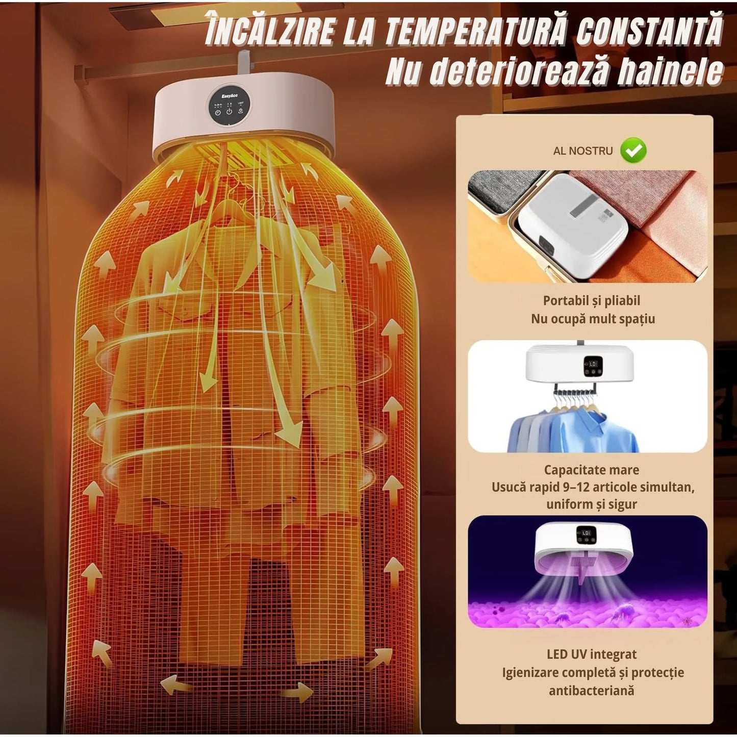 Uscător electric de haine și rufe, 600W, pliabil și portabil, capacitate 10 kg, temporizator 1–8h, funcție UV, bej