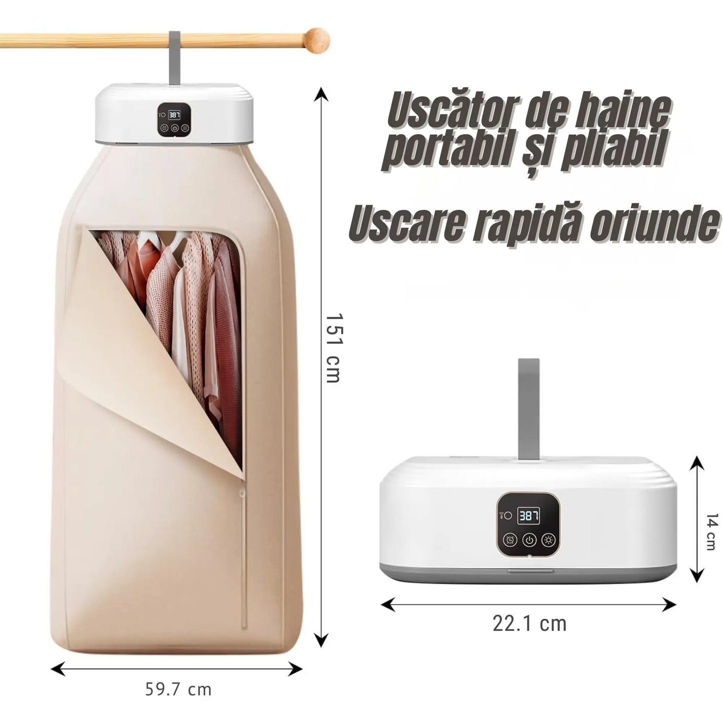 Uscător electric de haine și rufe, 600W, pliabil și portabil, capacitate 10 kg, temporizator 1–8h, funcție UV, bej