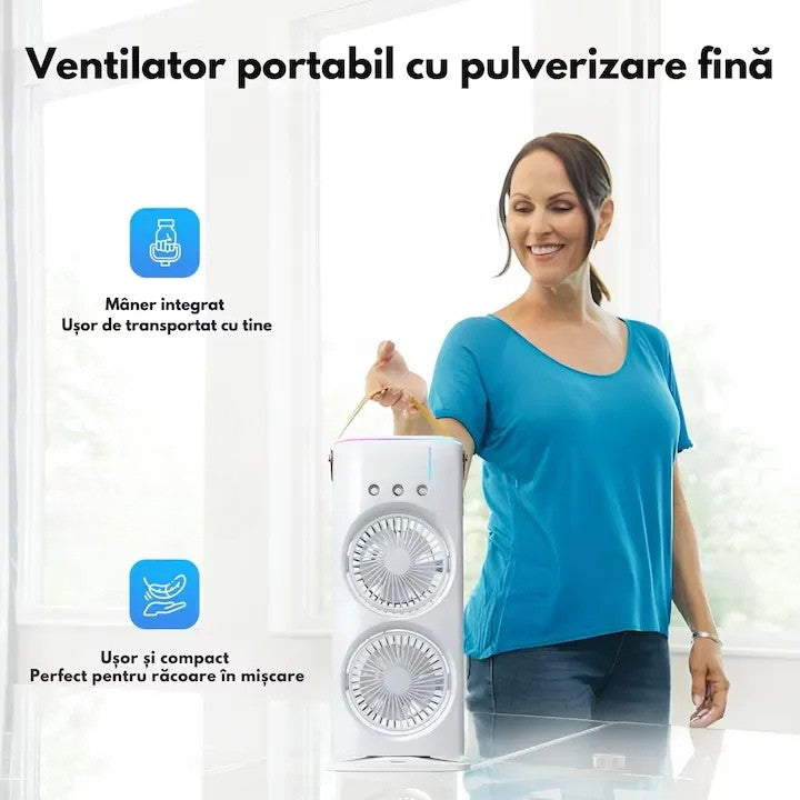 Ventilator portabil cu pulverizare apă, 37 x 16 cm, rezervor pentru apă și gheață, alimentare prin cablu USB, LED multicolor