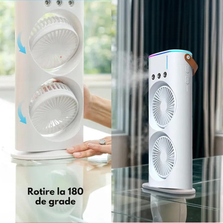 Ventilator portabil cu pulverizare apă, 37 x 16 cm, rezervor pentru apă și gheață, alimentare prin cablu USB, LED multicolor
